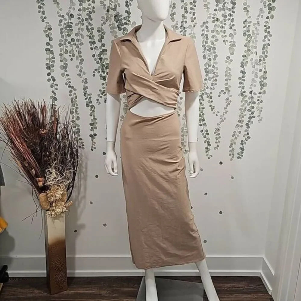 ASOS DESIGN collar twist front midi dress with cut out in sand Sz 6